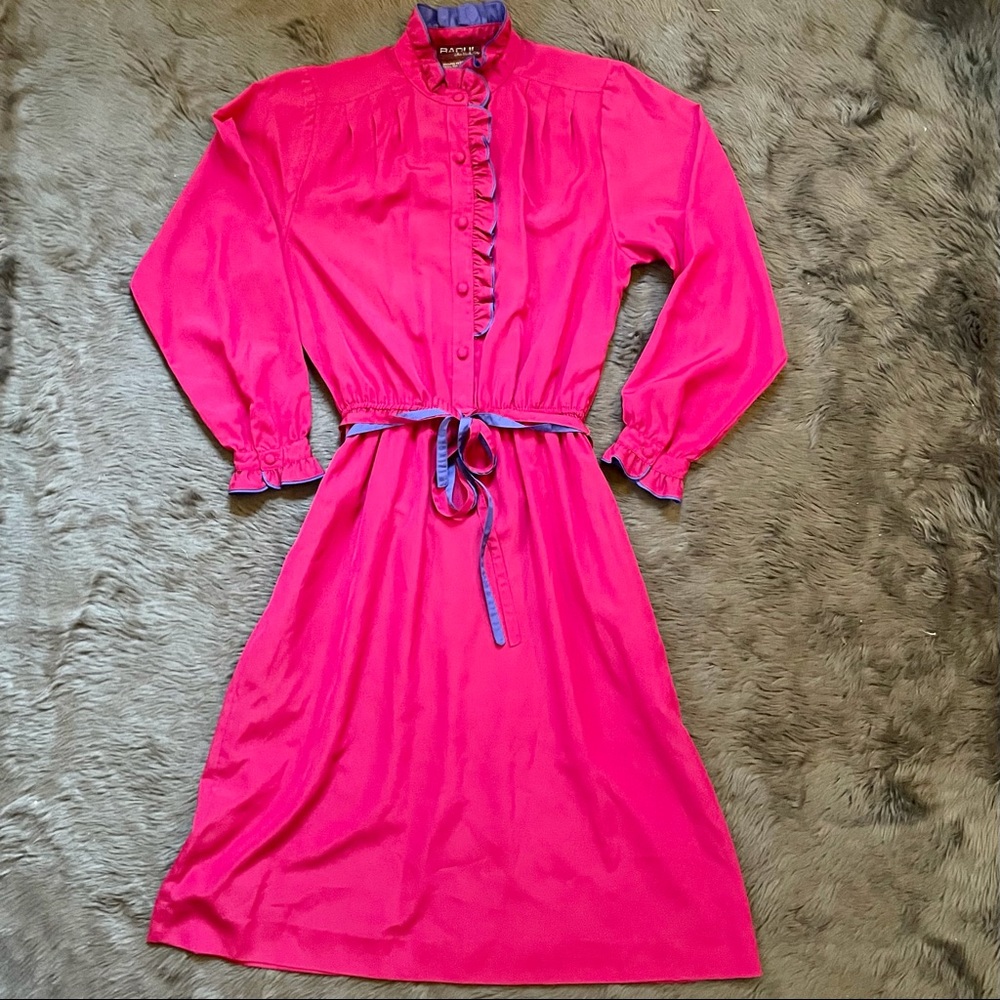 Vintage Raoul Ruffle Pink Purple Tie Elastic Waist Dress Pockets Small XS EUC